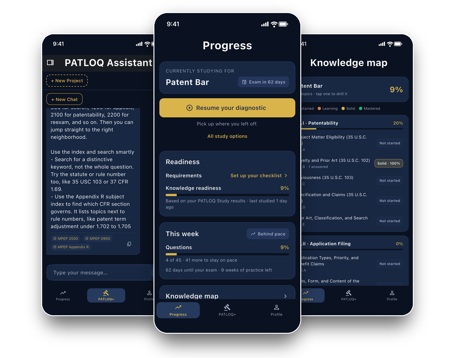 PATLOQ app — Progress, Assistant and Knowledge map screens